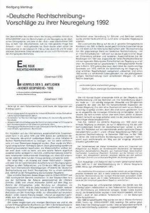 »Deutsche Rechtschreibung« : Vorschläge zu ihrer Neuregelung 1992