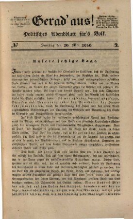 Gerad' aus! : Politisches Abendblatt für‛s Volk. Redakteur: Bernhard Friedmann. (Jahrgang I. 10. Mai bis 30. Juni 1848 (No 1 - 42. Beiblatt: Guckkasten No 1 - 7