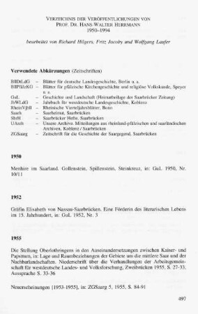 Verzeichnis der Veröffentlichungen von Prof. Dr. Hans-Walter Herrmann 1950-1994