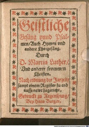 Geistliche Gesäng vnnd Psalmen, Auch Hymni vnd andere Chorgesäng