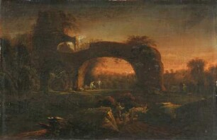 Landschaft mit Felsbogen und Staffage