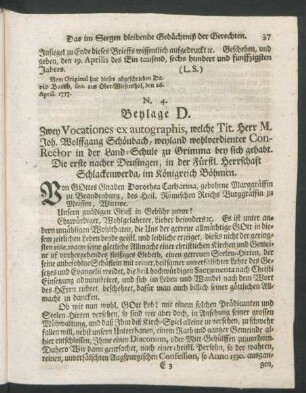 Beylage D. Zwey Vocationes ex autographis, welche Tit. Herr M. Joh. Wolffgang Schönbach ...