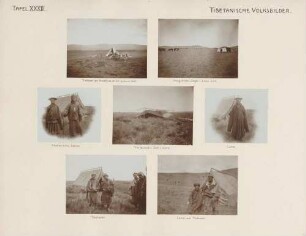 Tibetanische Volksbilder: links oben: Tibetaner am Nordfuß des Süd-Kuku-nor-Gebirges rechts oben: Mongolisches Lager mit Lama-Zelt links Mitte: Tibetanische Lamas Mitte Mitte: Tibetanisches Zelt (Jurte) rechts Mitte: Tibetanischer Lama links unten: Tibetaner rechts unten: Lama und Tibetaner