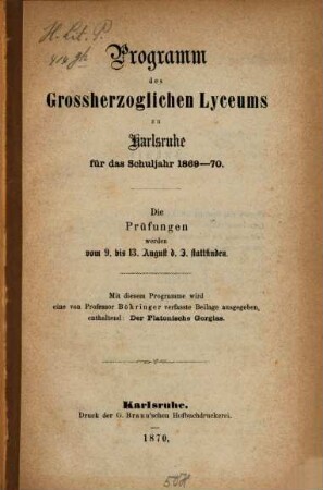 Programm des Grossherzoglichen Lyceums zu Karlsruhe : für das Schuljahr ..., 1869/70