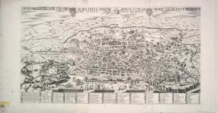 Vogelschaukarte von Rom, Kupferstich, 1669 : Disegno et prospetto del alma citta di Roma con li nomi antichi et moderni / [gestochen von] Stefano Scolari. - Venetia : Stefano Scolari , 1669. - 3Teile auf 1 Bl. : Kupferst. ; 93 x 51 cm. - Mit Legende