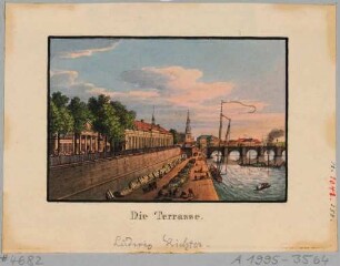 Dresden, Blick von der Jungfernbastei nach Westen auf die Brühlsche Terrasse mit dem Café Reale und der Brühlschen Galerie, im Hintergrund die Katholische Hofkirche und die Augustusbrücke, im Vordergrund Ausschiffungsplatz