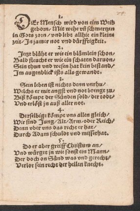 DEr Mensch wird von eim Weib || geborn/ Mit wehe vn schmertzen ||