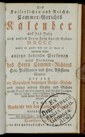 Des Kaiserlichen und Reichs-Cammer-Gerichts Kalender auf das Jahr...MDCCC[...]