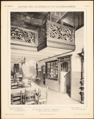 Essighaus, Bremen: Innenansicht Diele (aus: Blätter für Architektur und Kunsthandwerk, 12. Jg., 1899, Tafel 85)