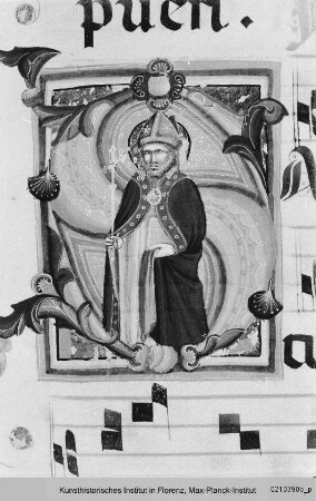 Graduale : Textseite mit vierzeiligen Neumen und historisierter Initiale S: Papst Silvester