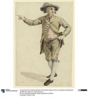 Stehender Mann mit breitkrempigem Hut und ausgestreckt zeigendem rechten Arm