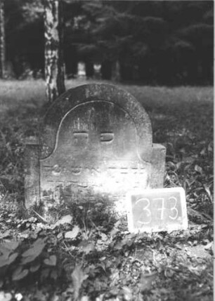 Grabstein 373 (Index: 99895792) Material: Sandstein Zustand: beginnt zu versinken Maße HxBxT: 67x58x11 cm Beschreibung: Stele mit eingezogenem Rundbogenabschluss: Grabstein 373