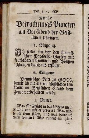 Kurtze Betrachtungs-Puncten am Vor-Abend der Geistlichen Ubungen.