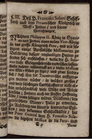 §. III. Deß H. Francisci Solani Schiffarth nach dem Peruanischen Königreich in West-Indien/ und seinen Verrichtungen.