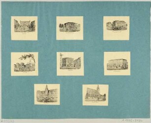 Bilderbogen (zerschnitten) mit 8 Darstellungen von wichtigen Gebäuden Dresdens (u. a. Bahnhöfe, Thomas Kirche, Börse ...)