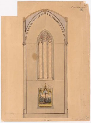 Gotisches Fenster einer Kirche, Miechowitz: Ansicht des Fensters und Christusbild