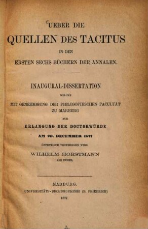 Über die Quellen des Tacitus in den ersten sechs Büchern der Annalen