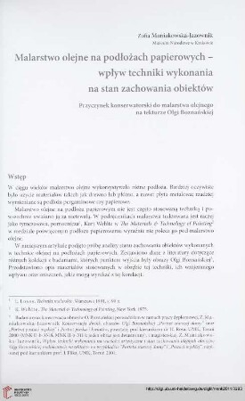 Seria nowa: Malarstwo olejne na podłożach papierowych - wpływ techniki wykonania na stan zachowania obiektów : przyczynek konserwatorski do malarstwa olejnego na tekturze Olgi Boznańskiej