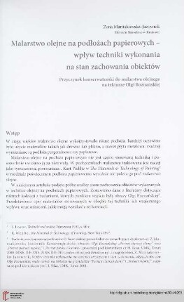 Seria nowa: Malarstwo olejne na podłożach papierowych - wpływ techniki wykonania na stan zachowania obiektów : przyczynek konserwatorski do malarstwa olejnego na tekturze Olgi Boznańskiej