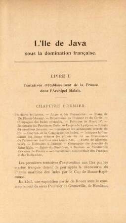 Livree I. Tentatives d'établissement de la France dans l'Archipel Malais