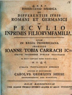 De differentiis iuris Romani et Germanici in peculio inprimis filiorum familias