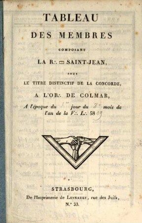 Tableau des membres composant la R. [Loge] Saint-Jean, sous le titre distinctif de la concorde, a lÓr[ient] de Colmar, a lépoche du ... Jour du ... mois de lán de la V. L. 58..