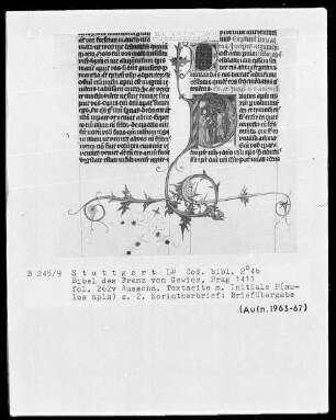 Lateinische Bibel in zwei Bänden für Franz von Gewicz — Initiale P (aulus apls) mit Briefübergabe, Folio 262verso
