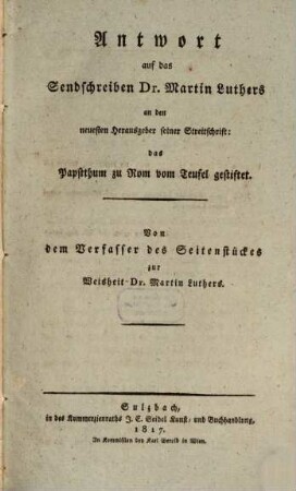 Antwort auf das Sendschreiben Dr. Martin Luthers