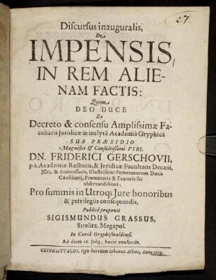 Discursus inauguralis De Impensis In Rem Alienam Factis