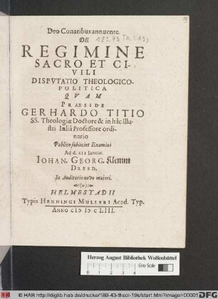 De Regimine Sacro Et Civili Disputatio Theologico-Politica