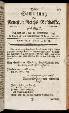 55tes Stuck. Schwabach, den 12. December, 1758.