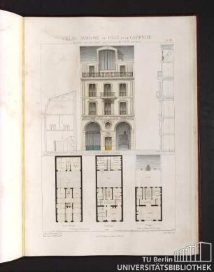 Villas, maisons de ville et de campagne. Composées sur les motifs des maisons de Paris moderne. Petit hôtel a Paris. Coupe de Batiment au fond de la Cour. Coupe de Batiment principal. Rez-de-chaussée. 1er et 2er Etage. 3er Etage.