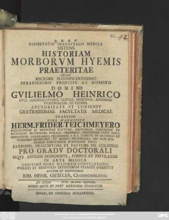 Dissertatio Inavgvralis Medica Sistens Historiam Morborvm Hyemis Praeteritae
