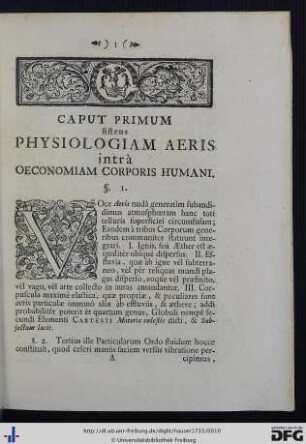 Caput Primum sistens Physiologiam Aeris intrà Oeconomiam Corporis Humani.