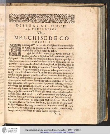 Dissertatiuncula Theologica De Melchisedeco
