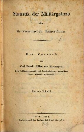 Statistik der Militärgränze des österreichischen Kaiserthums : ein Versuch, 1