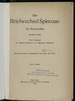 Teil 1: Der Briefwechsel Spinozas : ein Menschenbild
