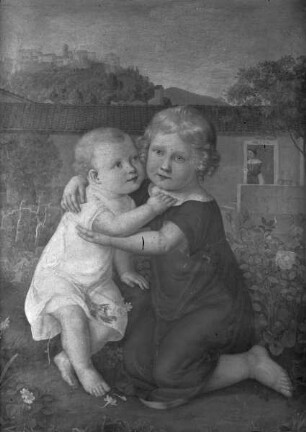 Doppelbildnis zweier Kleinkinder vor mittelitalienischer Kulisse