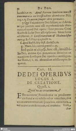 Cap. II. De Dei Operibus Locus I. De Creatione