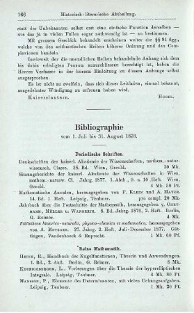 Bibliographie vom 1. Juli bis 31. August 1878.