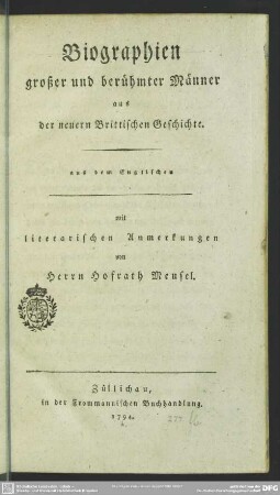 Biographien großer und berühmter Männer aus der neuern Brittischen Geschichte