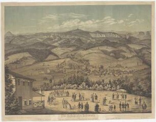 Die sächsische Schweiz von der Schweizerkrone (Wacheberg), Ansicht, 1860 : Die sächsische Schweiz von der Schweizerkrone (Wacheberg) aus gesehen / Lithogr. & Steindr. von A. Göhde. - Saupsdorf : H. C. Sturm, 1860. - 1 Kunstblatt : getönte Lithogr. , 43 x 32 cm