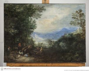 Waldige Landschaft mit Bärenjagd