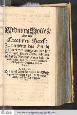 Ordnung Gottes/ Und der Creaturen Werck