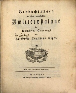 Beobachtungen an einer neuentdeckten Zwitterphaläne des Bombyx Crataegi