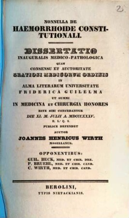 Nonnullae de haemorrhoide constitutionali : dissertatio inauguralis medico-pathologica