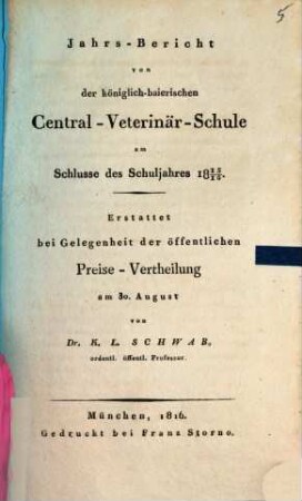 Jahresbericht von der Königlich Bayerischen Central-Veterinär-Schule : über das Schuljahr .... 1815/16