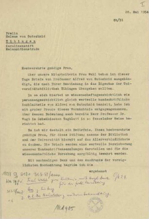 Dankbrief Universitätsbibliothek Tübingen an Helene Freiin von Gutschmid, 28. Mai 1954