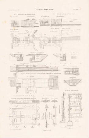 Der Marne-Saone-Kanal: Grundrisse, Schnitte, Details diverser Schleusen (aus: Atlas zur Zeitschrift für Bauwesen, hrsg. v. G. Erbkam, Jg. 32, 1882)