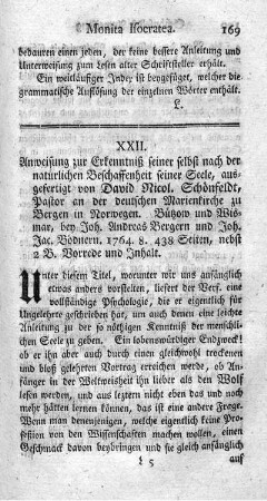 XXII. Anweisung zur Erkenntniß seiner selbst nach der natürlichen Beschaffenheit seiner Seele.